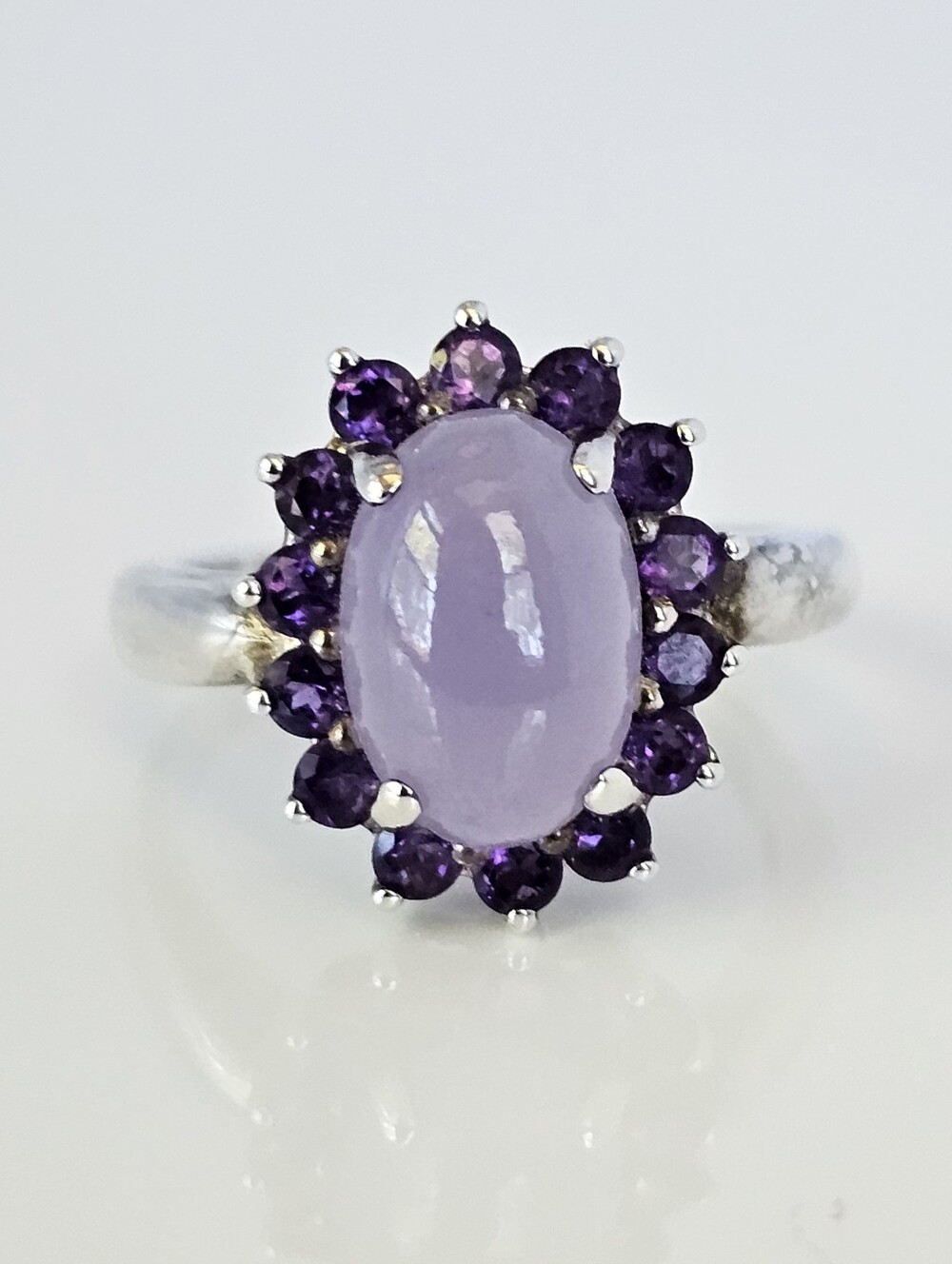 Genuine Lavendar Jade & Amethyst Halo Ring Sterling Silver Size 8!